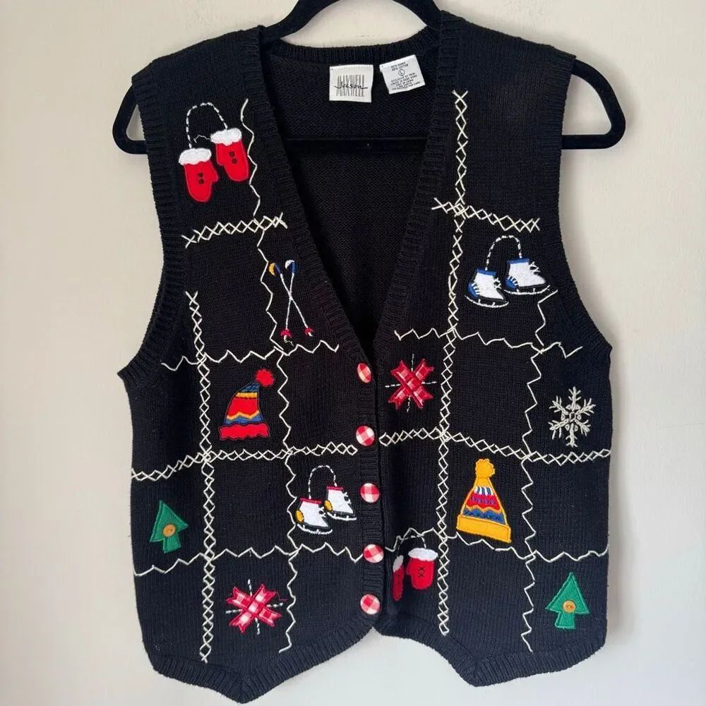 Vintage Christmas Sweater Vest With Kitsch Embroidery Size L